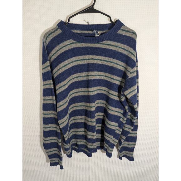 Peconic Bay Traders L Wool Blend Sweater Mens Striped Blue Gray USA Made Vintage - Picture 1 of 5